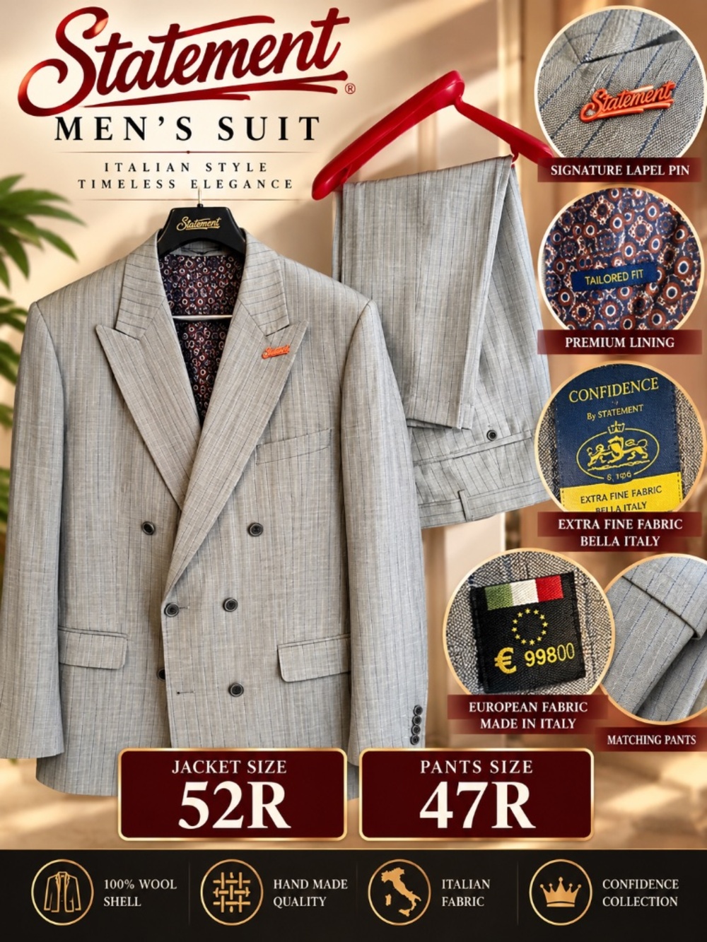 Statement Confidence Men’s 52R Double Breasted 100% Wool Pinstripe Suit